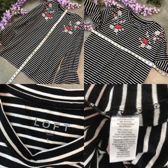LOFT Embroidered Striped Bell Sleeves Tee Size L - Picture 8 of 8